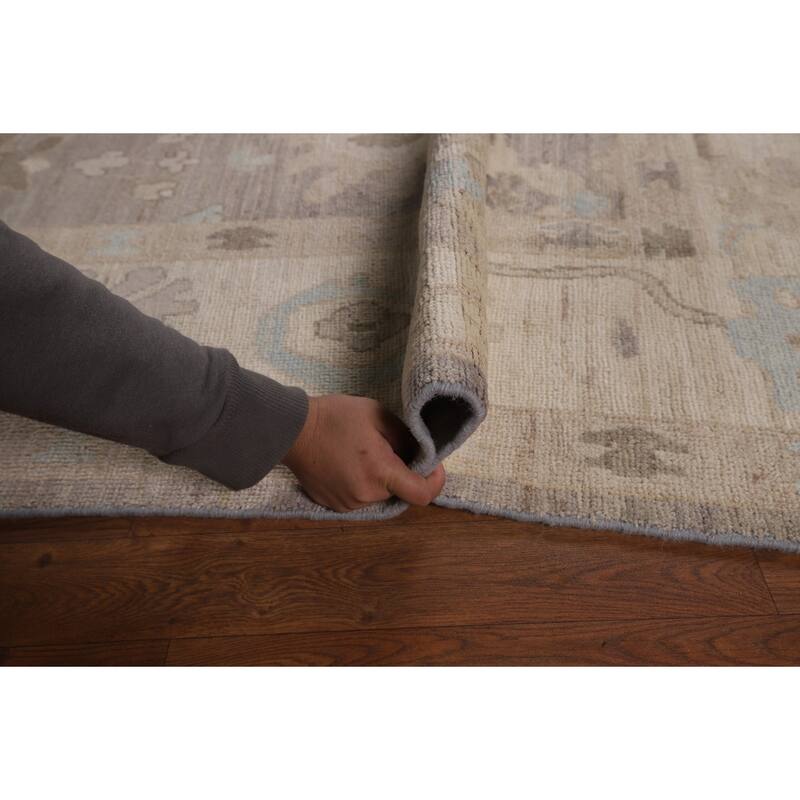 Oushak Turkish Area Rug Hand-Knotted Transitional Beige Wool Carpet - 6'2"x 8'11"