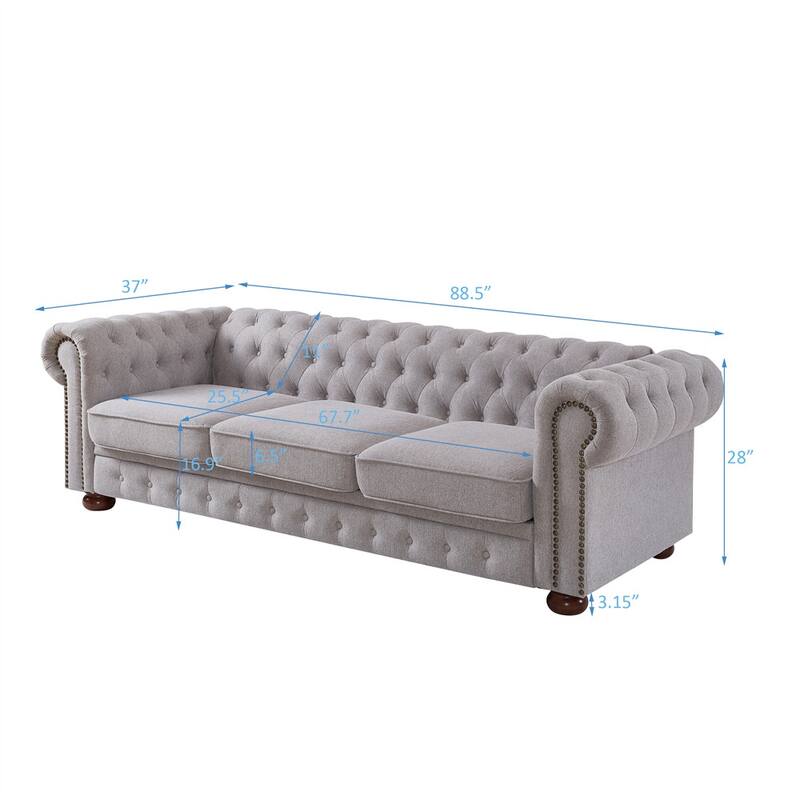 3 Seat Linen Fabric Couch, Solid Wood Chesterfield Round Armrest Sofa
