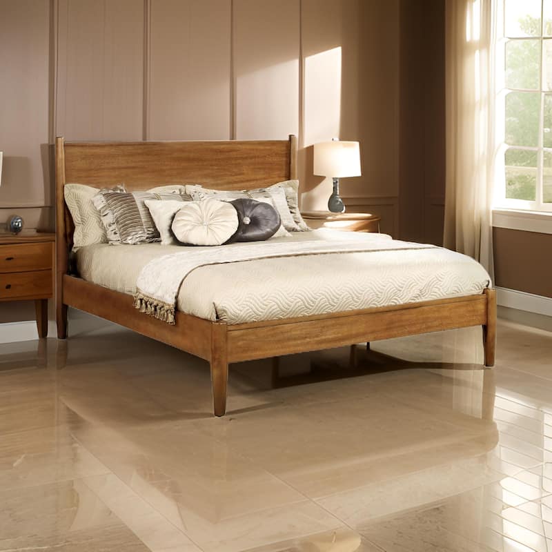 Wooden Full Size Bed with Panel Headboard, Oak Brown