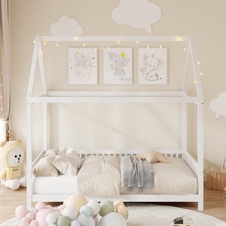 Full Size Wood House Bed w/Window, Fence, LED Lights, Guardrails
