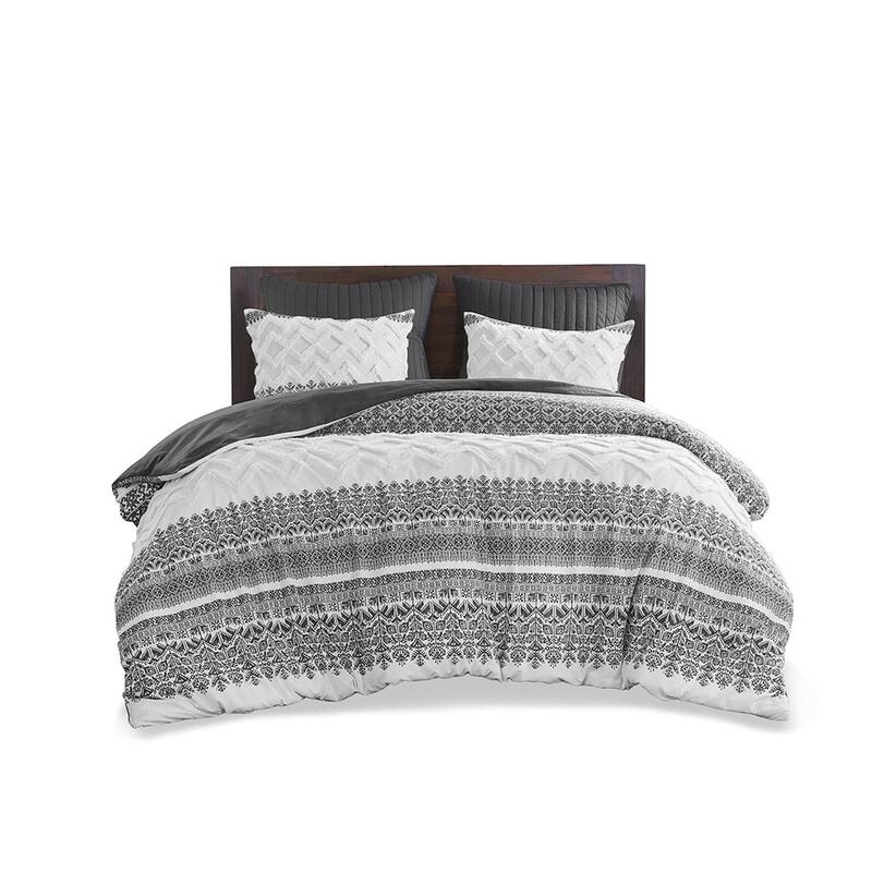 3 Piece Cotton Comforter Set with Chenille Tufting Gray Full/Queen