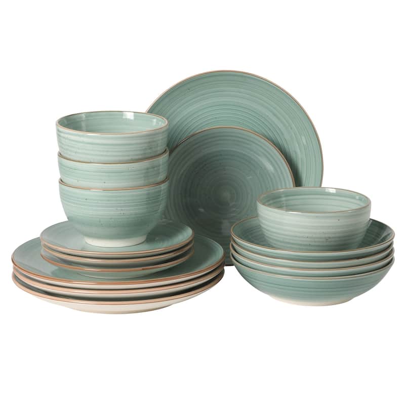 Gibson Home Stonebury 16 Piece Plates and Bowls - Handpainted Stoneware Dinnerware Set - Service for 4 - Teal