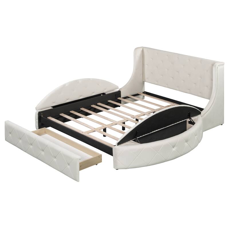 Upholstered Platform Bed Queen Size Storage Velvet Bed with Wingback Headboard and 1 Big Drawer,2 Side Storage Stool