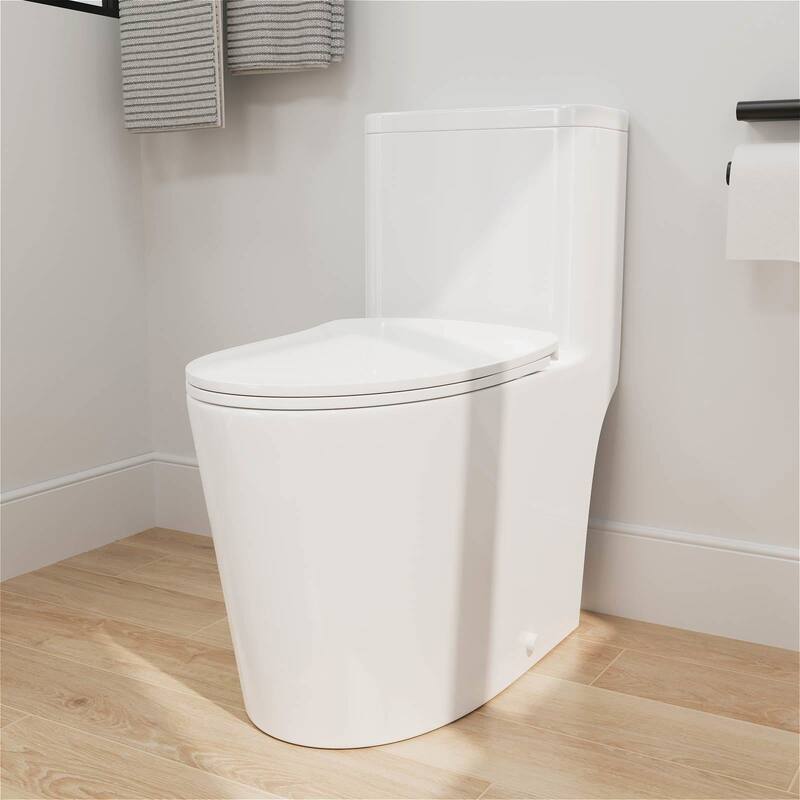 One-piece 1.0/1.28 GPF High Efficiency Dual Flush Elongated Toilet in Gloss White - N/A - White