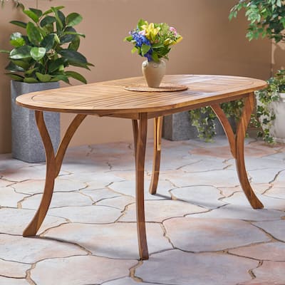 Roomfitters Outdoor Dining Table with Oval Slatted Top and Curved Legs in Solid Acacia Wood for Patio or Garden