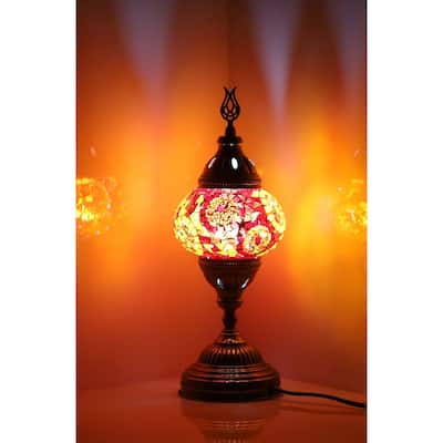 14.5 in. Handmade Red Separated Circles Mosaic Glass Table Lamp with Brass Color Metal Base - 5.5"L x 5.5"W x 14.5"H