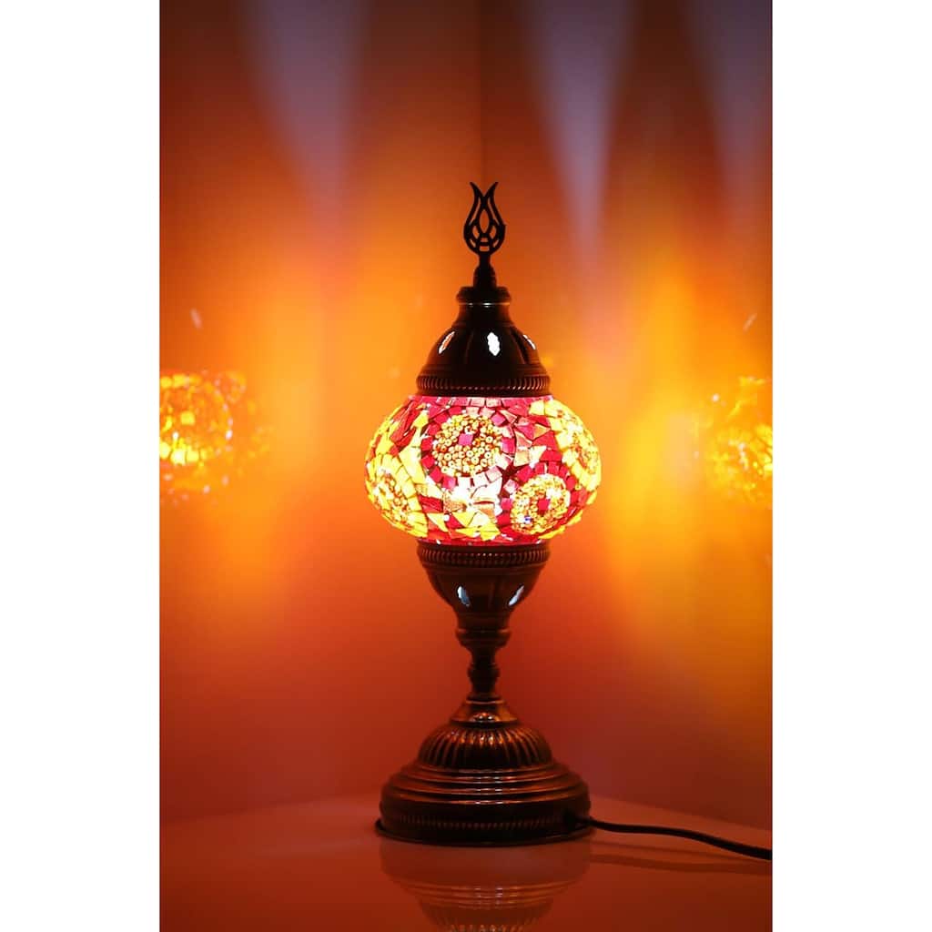 14.5 in. Handmade Red Separated Circles Mosaic Glass Table Lamp with Brass Color Metal Base - 5.5"L x 5.5"W x 14.5"H