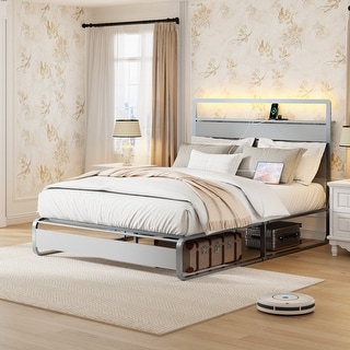 Queen Size Metal Platform Bed Frame with Functional Headboard Shelf and Built-in Charging Ports, LED Lighting