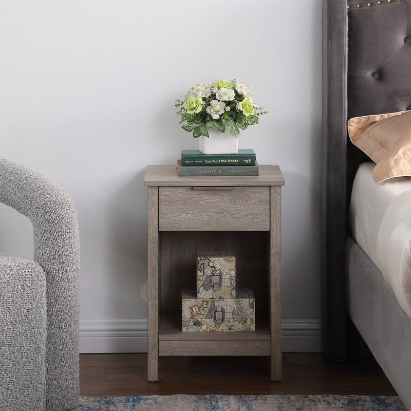 Rustic Grey Nightstand with Drawer and Open Shelf, Easy Assembly, Sturdy Side Frames, Versatile for Bedroom or Living Room