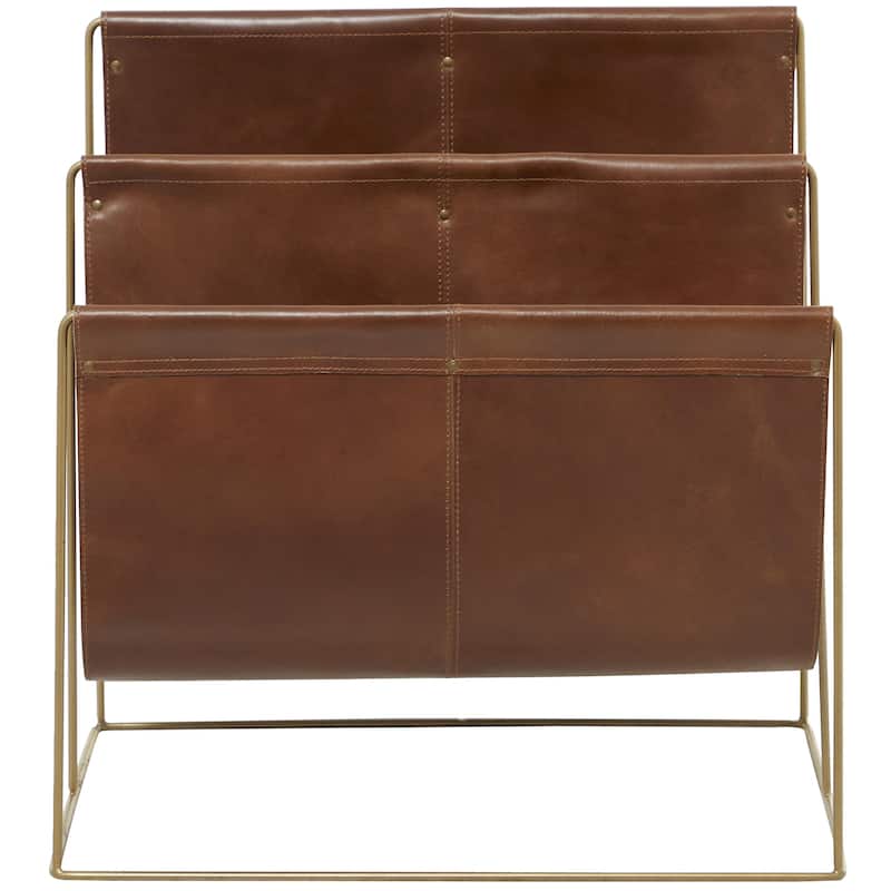 Leather 3 Slot Magazine Holder with Metal Stand - Dark Blue or Brown - Roche River Decor - Brown