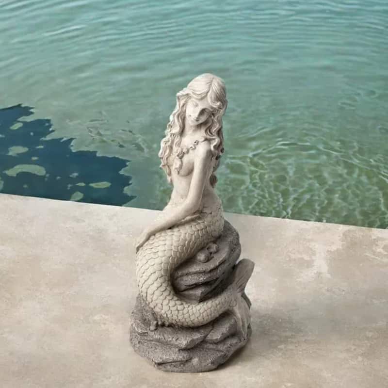 Glitzhome 20"H MGO Concrete Mermaid On Rocks Coastal Sculpture Poolside Garden Statue - Mermaid