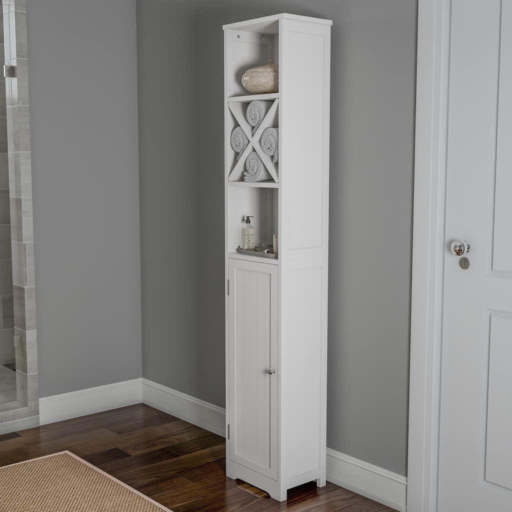 White Engineered Wood 67-Inch Tall Tower Bathroom Linen Cabinet - 67" Tall