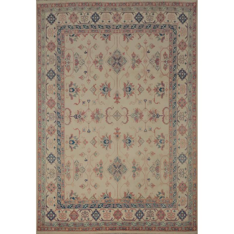 Hand Knotted Oriental 100% Wool Carpet Traditional Geometric Beige & Ivories Kazak Area Rug - 9' 10'' X 8' 2''