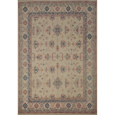 Hand Knotted Oriental 100% Wool Carpet Traditional Geometric Beige & Ivories Kazak Area Rug - 9' 10'' X 8' 2''