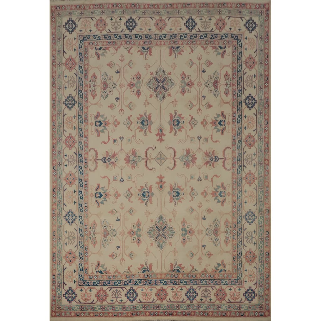Hand Knotted Oriental 100% Wool Carpet Traditional Geometric Beige & Ivories Kazak Area Rug - 9' 10'' X 8' 2''