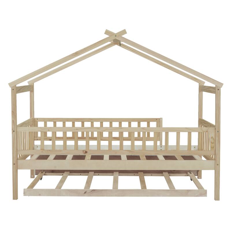 Twin Pine House Bed with Trundle, Guardrail & Roof