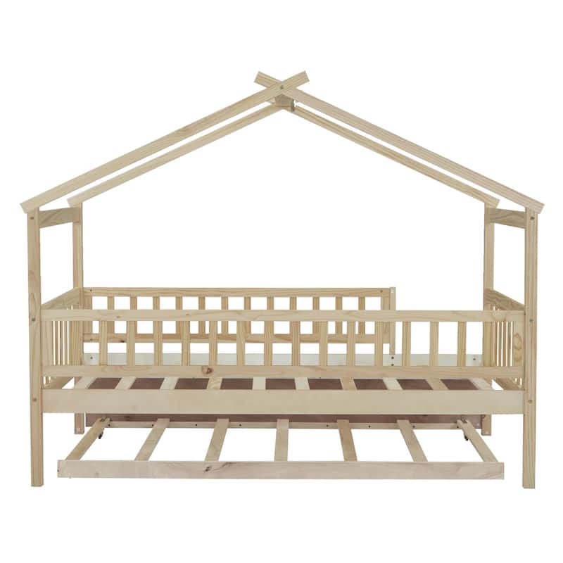 Twin Size House Bed with Trundle, Wooden Playhouse Kids Bed Frame with Roof and Fence, Montessori Style Bed