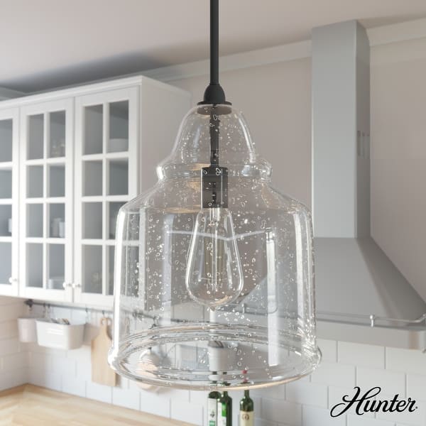 slide 2 of 8, Hunter Dunshire Bell Pendant - Kitchen Island, Dining Room, Entry - Modern Farmhouse, Transitional, Contemporary 12" - Seeded Glass - Noble Bronze-Seeded Glass