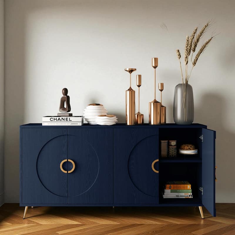 Modern Navy Blue Lacquered 4-Door Sideboard Buffet Storage Cabinet with Gold Legs for Dining Room and Living Room