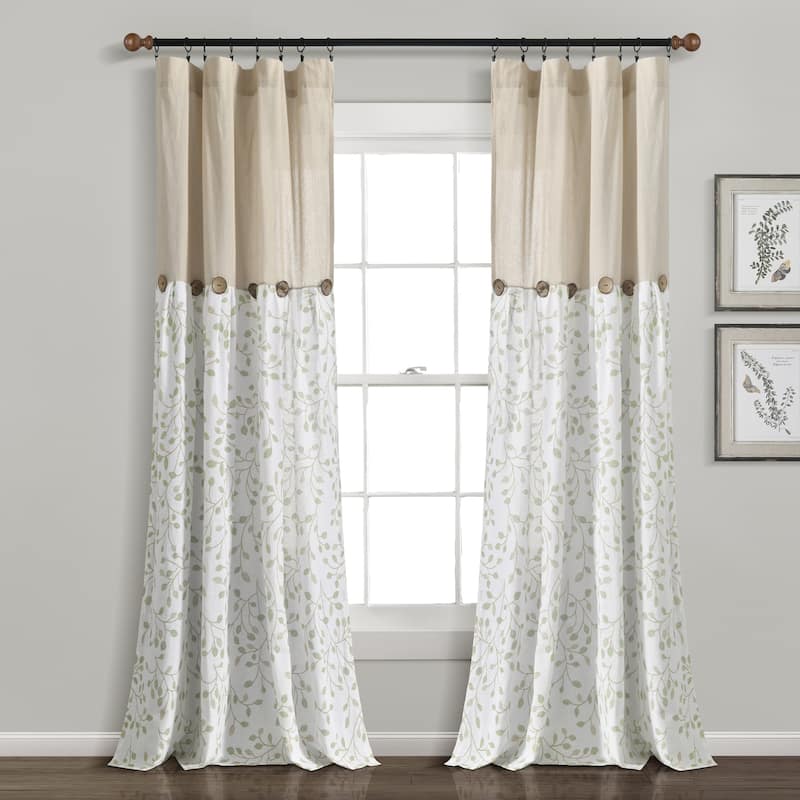 Lush Decor Linen Button Botanical Garden Window Curtain Panels Single - Neutral/Green  - 84" X 40"