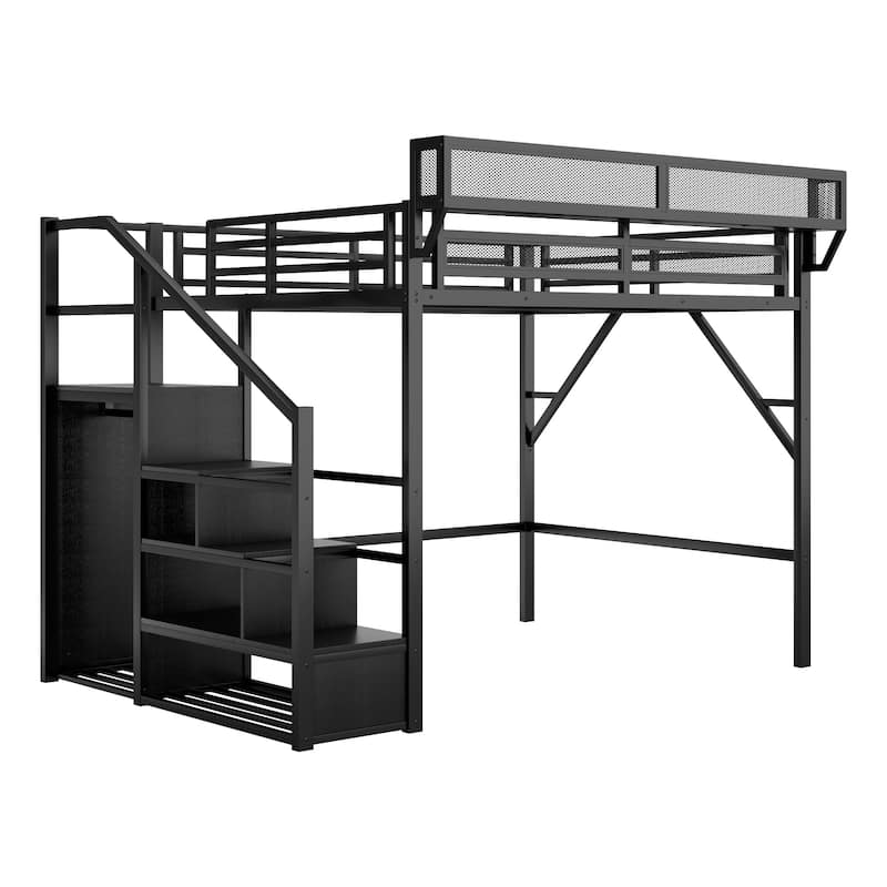 Queen Size Loft Bed with Stairs, Metal Queen Loft Bed with Storage Shelves, High Loft Bed with Wardrobe for Kids Teens Adults