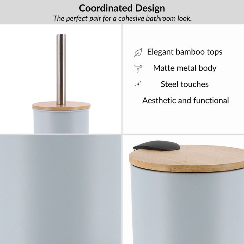 Bathroom Set with Bamboo Lid - Matte Metal Trash Can and Toilet Brush - 15.6" H x 11" L x 11" W