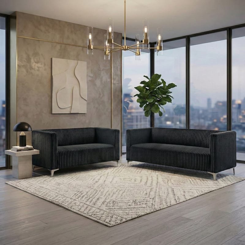 Clayfell Gavin 2-Piece Velvet Living Room Set with Loveseat and Sofa, Square Arm Design, Channel Tufted Upholstery - Black
