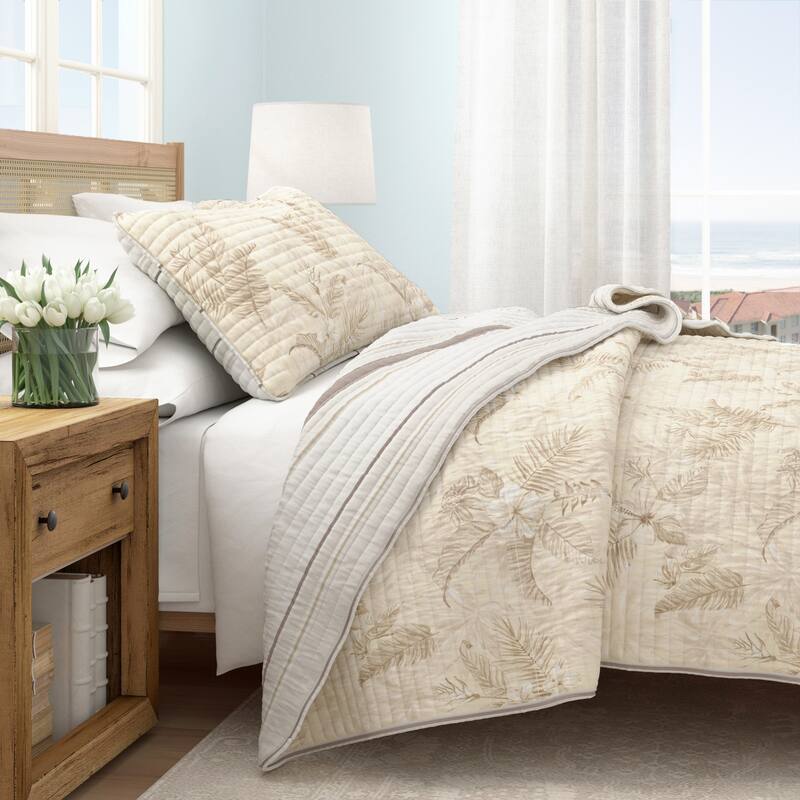 Linery & Co. Cotton Stitched Reversible Tropical Palm 3 Piece Quilt and Sham Set - Sand Floral - Queen