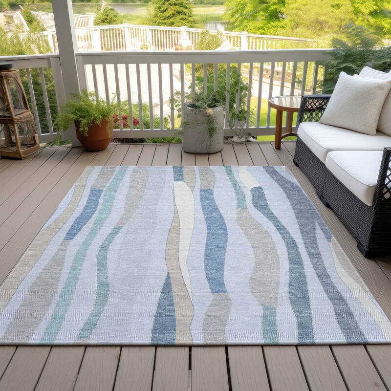 Machine Washable Indoor/Outdoor Modern Stripes Chantille Rug - Sky - 5' x 7'6"