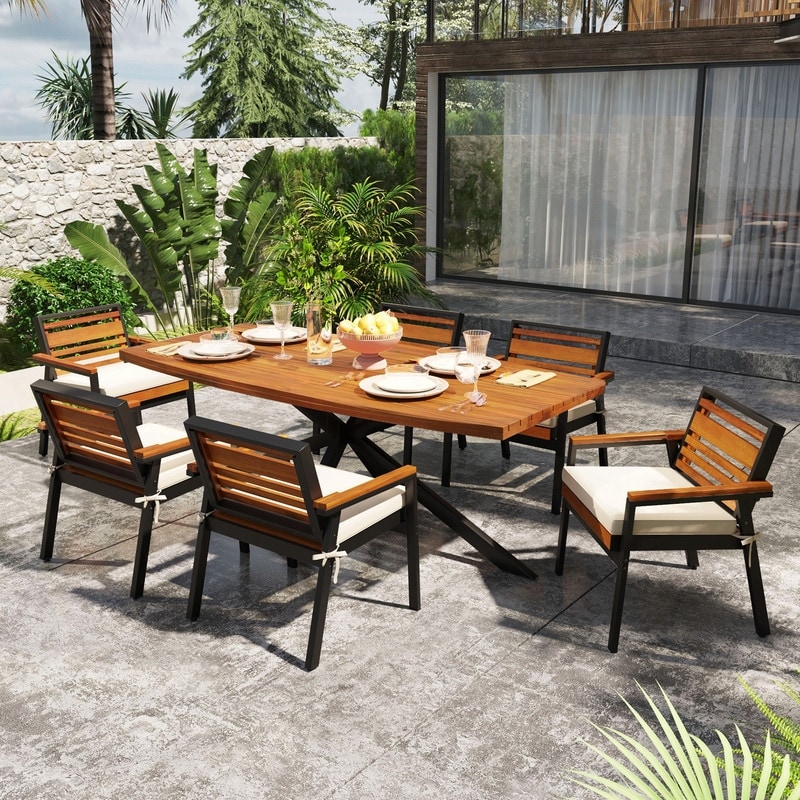 Wood 6 - Person Dining Set with Removable Cushions for Patio and Garden
