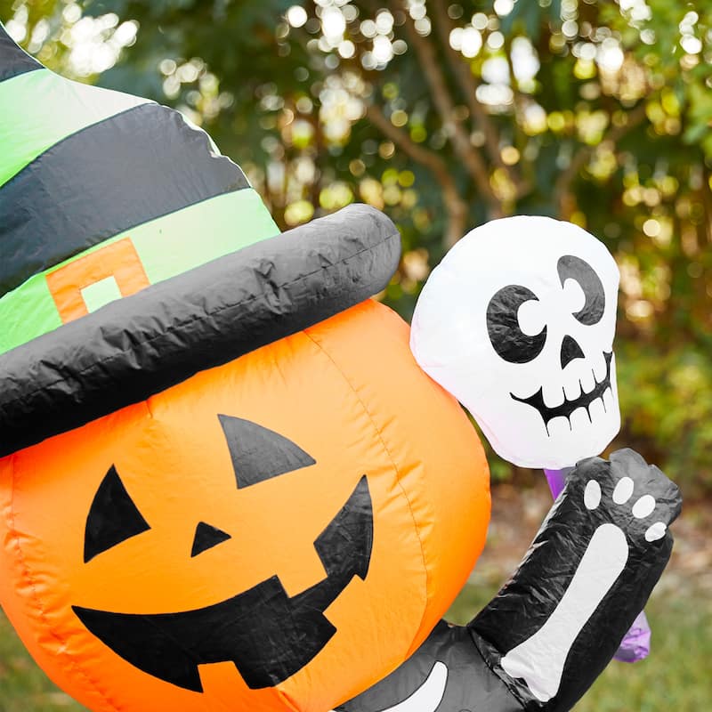 Glitzhome 6FT Lighted Halloween Jack-O-Lantern Skeleton Rotating Inflatable Decor