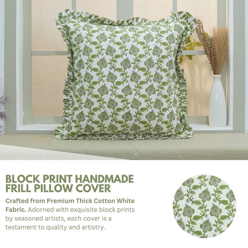 Block Print Green Pillow Cover by FABDIVINE-MADHUBALA
