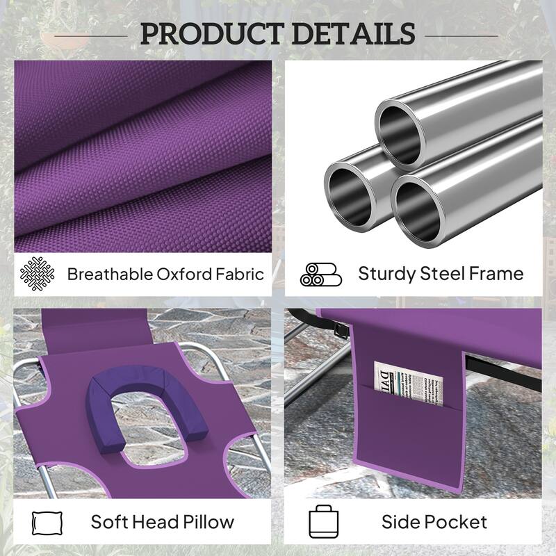 Outsunny Folding Beach Lounge Chair with Face Hole and Arm Slots, 5-level Adjustable Sun Lounger Tanning Chair with Pillow