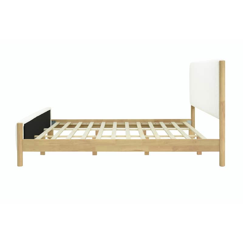 Modern White Bouclé Upholstered Bed with Rubberwood Legs