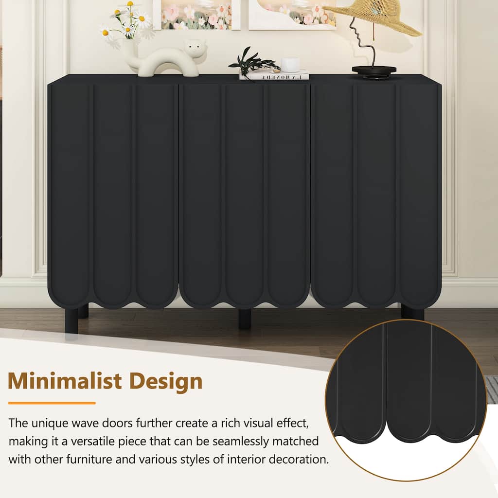 Wave Doors Accent Cabinet Sideboard with Adjustable Shelves, Storage Cabinet Console Table Shoe Cabinet for Living Room, Black