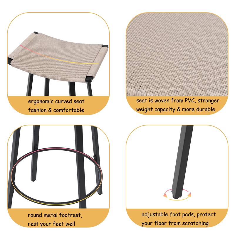 Set of 2 Backless Handwoven PVC Bar Stools with Round Footrest, Counter Height Pub Stools Indoor/Outdoor - Black & Creamy White