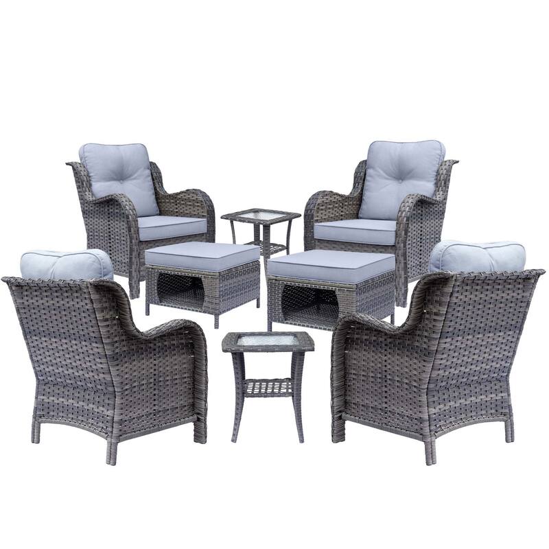8 Piece Outdoor Wicker Patio Furniture Conversation Chair and Ottoman Set