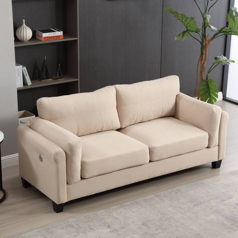 79" Modern Button Tufted Linen Upholstered 3-Seat Sofa Couch With Built-in USB and Type-C Ports and Soft Cushion