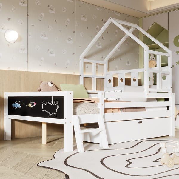 slide 2 of 14, Full Size House Bed with Ladder, Storage Drawers, and 2 Blackboard Designs, No Box Spring Needed, White