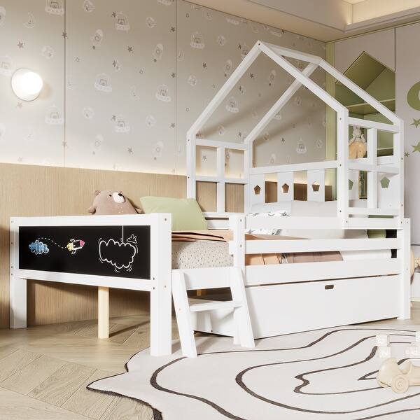 slide 2 of 14, Full Size House Bed with Ladder and Storage Drawers,Solid Wood Platfrom Bedframe with 2 Blackboard Design,No Box Spring Needed White