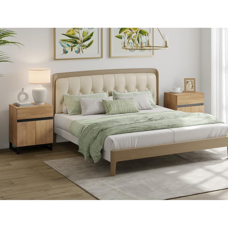 WAMPAT Modern Nightstand with 1 Drawer & 1 Storage Cabinet, Farmhouse Bedside Table with 2 Open Door forBedroom