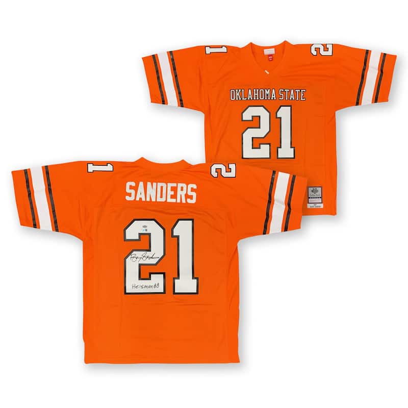 Barry Sanders Autographed Oklahoma State Cowboys Signed Mitchell and Ness Football Jersey Heisman 88 Beckett COA - 8' x 11'