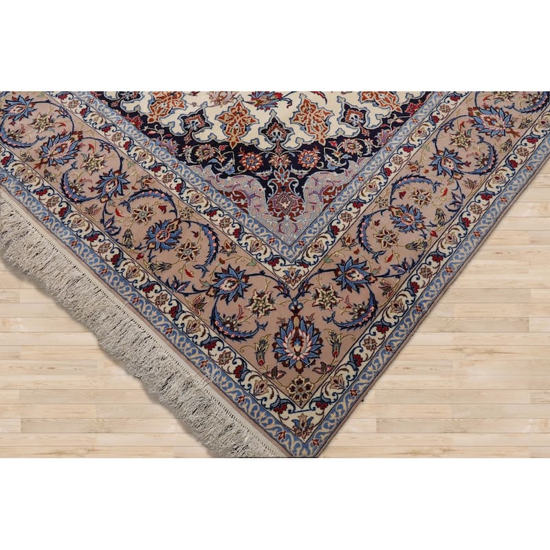 Hand Knotted Isfahan Cream Persian Wool & Silk Traditional Oriental Area Rug - 8' 5'' x 11' 9''