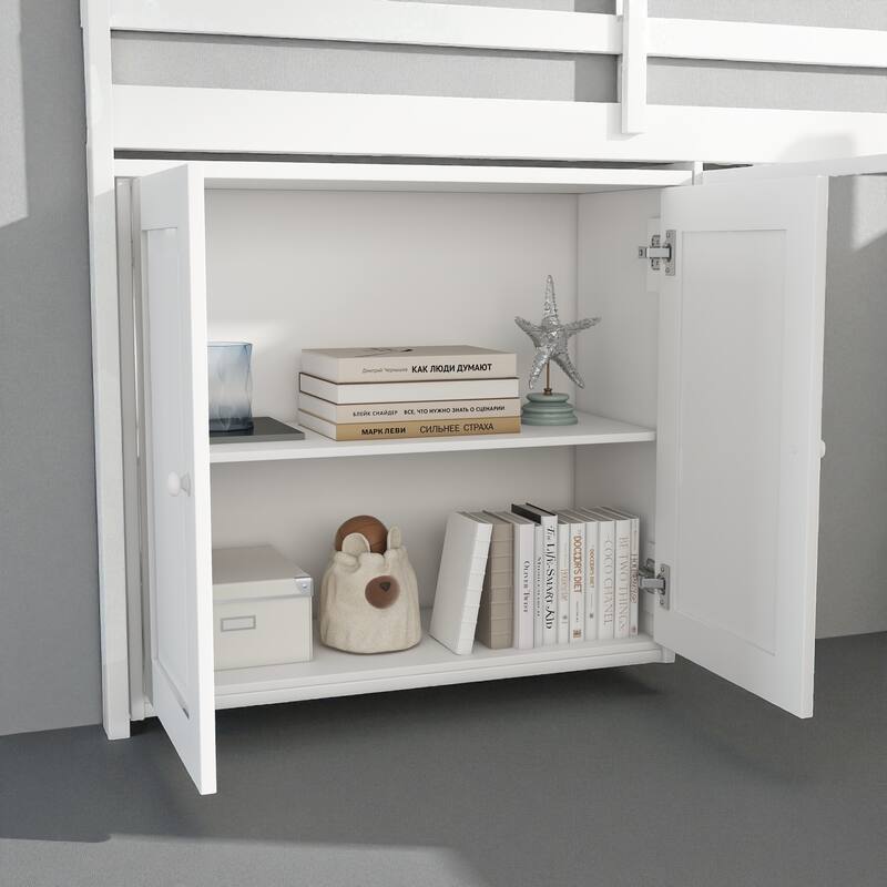 Twin Size Rubber Wood Loft Bed with Pull-Out Desk, Storage Cabinets, Drawers and Shelves, Safety Guardrail and Ladder