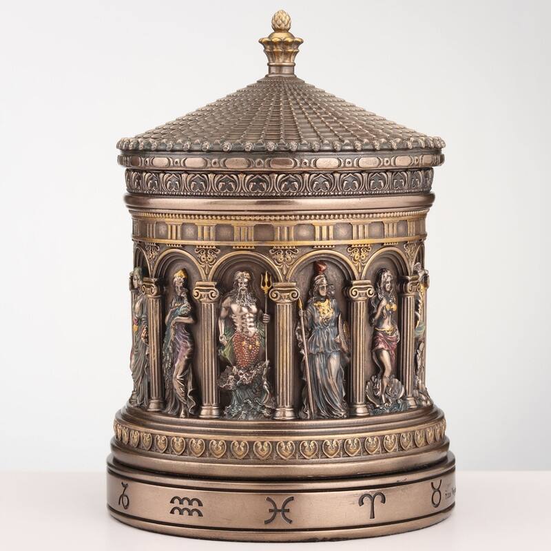 6.5 inches Height Cold Cast Bronze Greek Pantheon Zodiac Rotunda Rotating Trinket Box Bronze Finish Figurine
