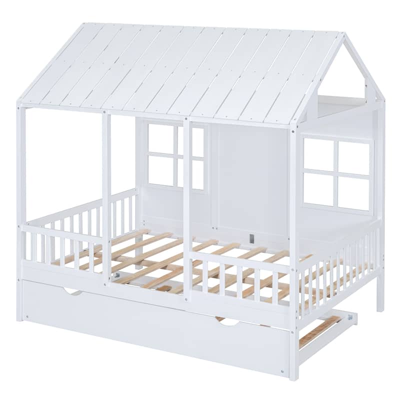 Roomfitters Full/Twin Size Wood House Bed with Twin Trundle, Modern Daybed Frame with Roof Design