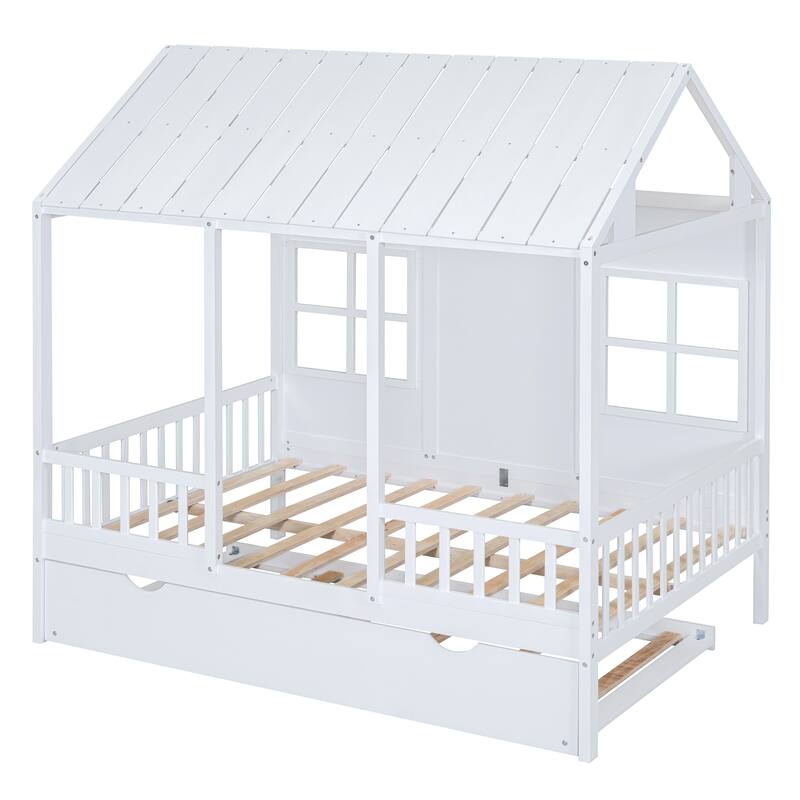 White Full Size Wooden House Bed with Twin Trundle, Space-Saving Daybed