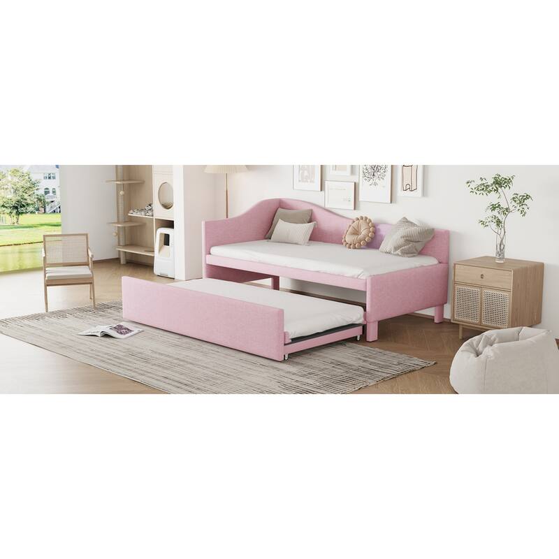 Roomfitters Twin Size Upholstered L-Shaped Daybed with Pop Up Trundle, Space Saving Fabric Sofa Bed Frame with Slats