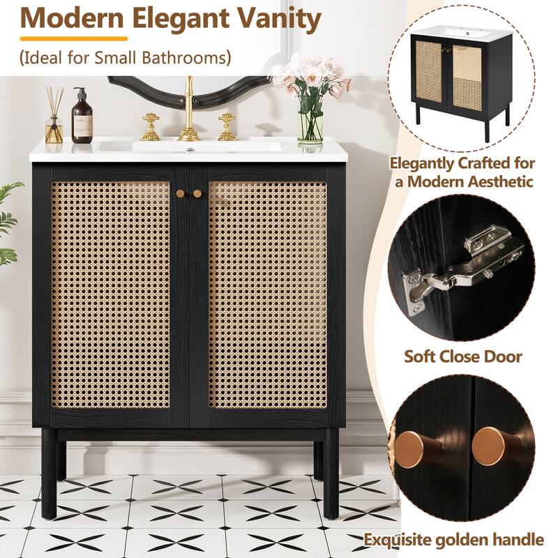 30" Eco-Friendly Bathroom Vanity – Handwoven Rattan Doors with Silent Soft-Close Hinges, Blending Natural Craftsmanship