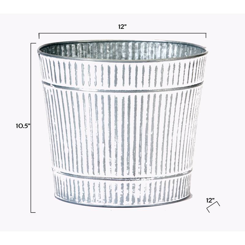 10.5" Galvanized Rustic Metal Planter Pail with White Distressed Paint, Set of 3
